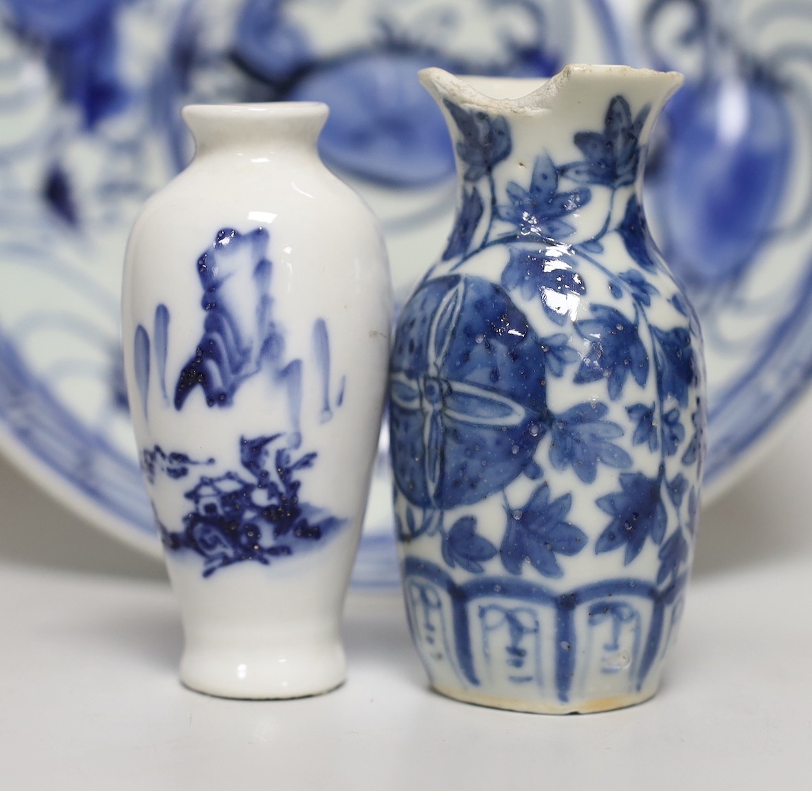 Two Chinese blue and white miniature vases, a cup and saucer and dish, largest dish 22cms diameter